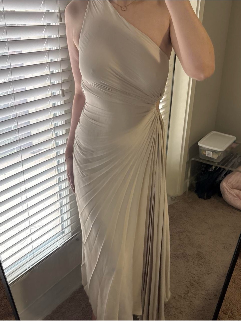 House of Harlow 1960 One-Shoulder Cream Draped Midi Dress